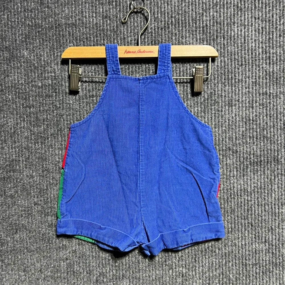 Vintage Unbranded Corduroy Overalls Kids 12M Blue Colorblock Car Retro Shortalls
